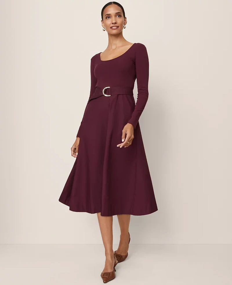 Ann Taylor Mixed Media Flare Midi Dress Poised Plum Women's