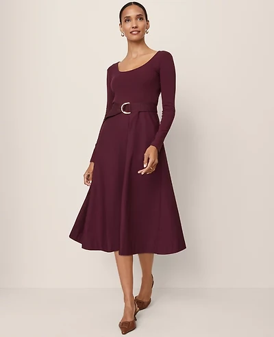 Ann Taylor Mixed Media Flare Midi Dress Poised Plum Women's