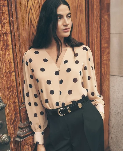Ann Taylor Dotted V-Neck Popover Top Cafe Au Lait Women's