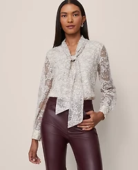 Ann Taylor Lace Tie V-Neck Popover Top Black/Ivory Combo Women's