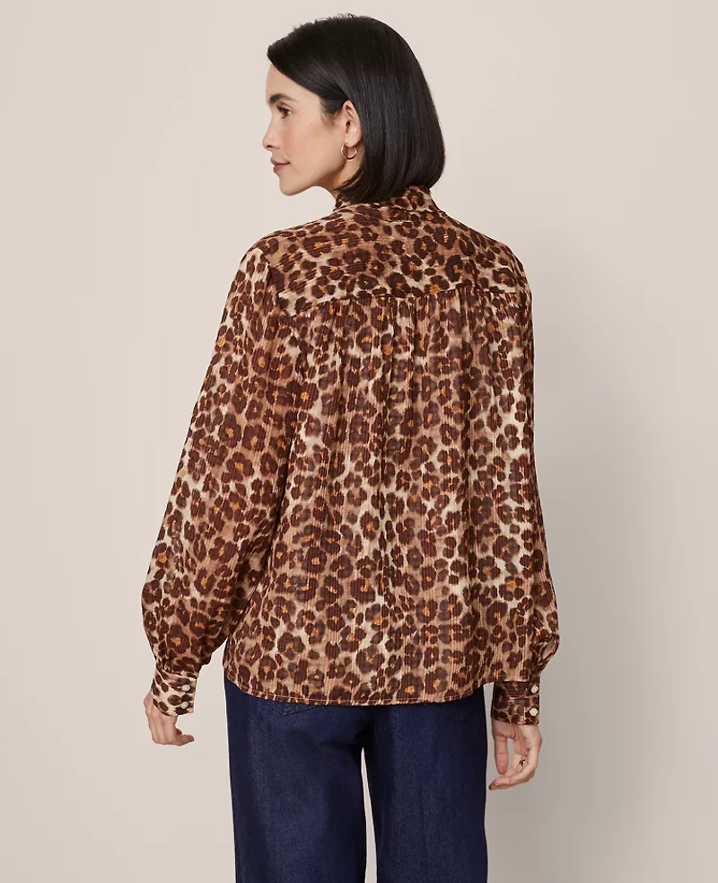 Ann Taylor Petite Animal Print Tie V-Neck Popover Top Pale Sandalwood Women's