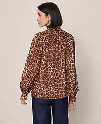 Ann Taylor Petite Animal Print Tie V-Neck Popover Top Pale Sandalwood Women's