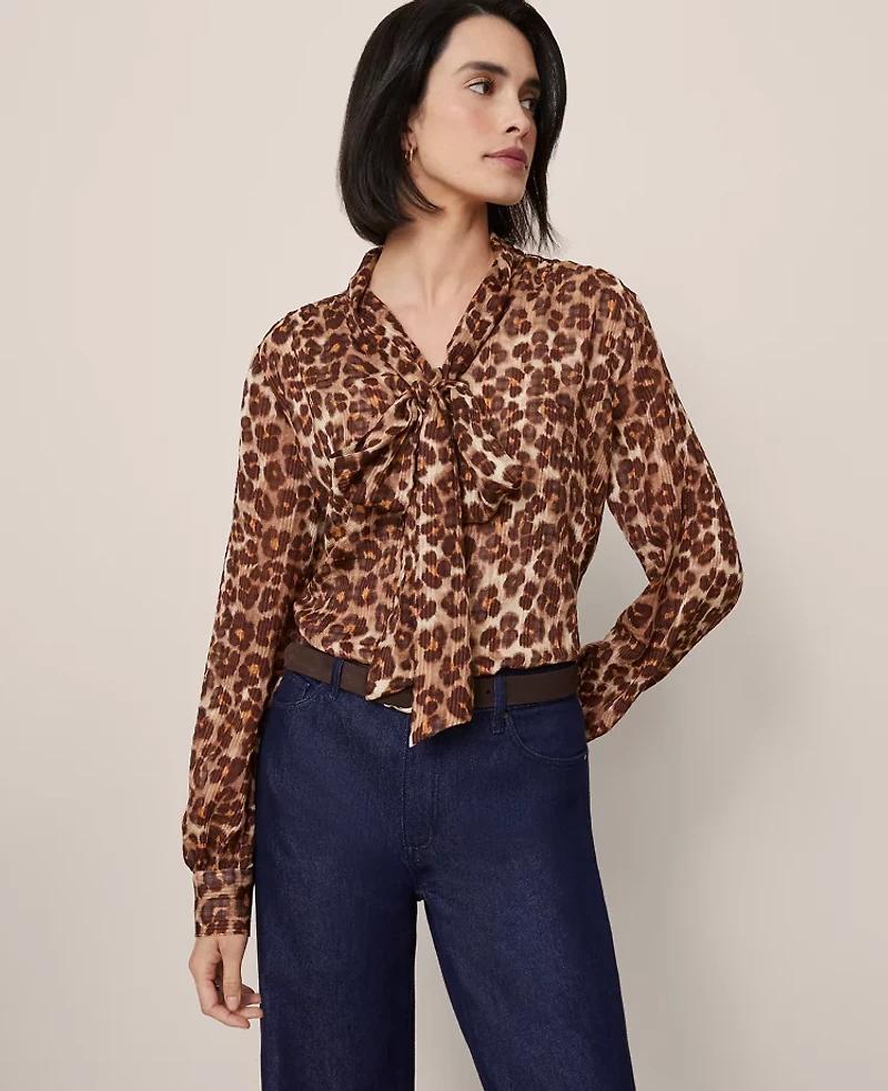 Ann Taylor Petite Animal Print Tie V-Neck Popover Top Pale Sandalwood Women's