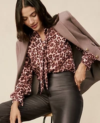 Ann Taylor Petite Animal Print Tie V-Neck Popover Top Pale Sandalwood Women's