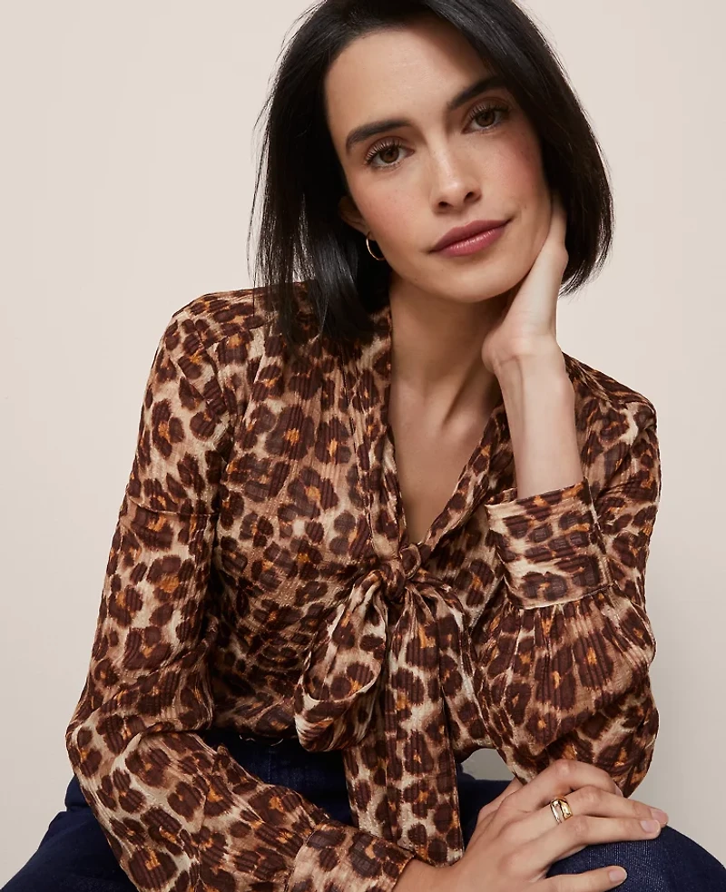Ann Taylor Petite Animal Print Tie V-Neck Popover Top Pale Sandalwood Women's