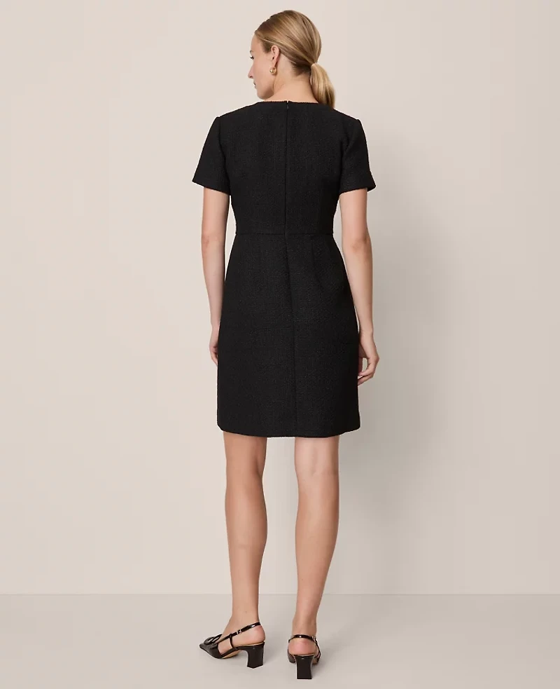 Ann Taylor Petite Tweed Split Neck Sheath Dress Black Women's