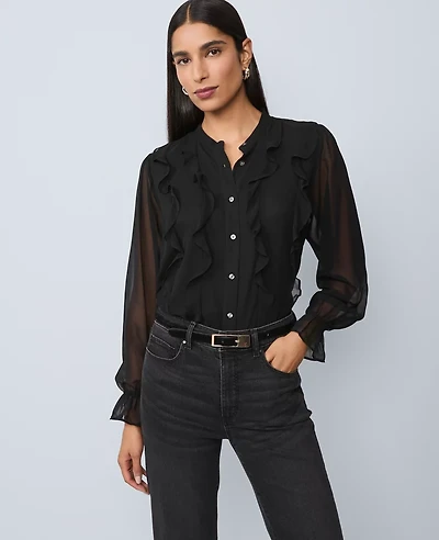 Ann Taylor Ruffle Button Down Shirt Black Women's