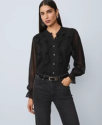 Ann Taylor Ruffle Button Down Shirt Black Women's