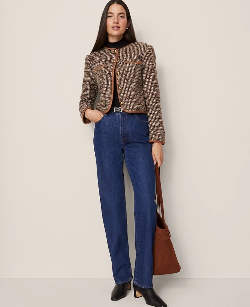 Ann Taylor Petite Weekend Collection Tweed Crew Neck Jacket Brown/Cream Multi Women's