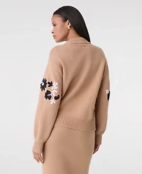 Ann Taylor Embroidered Floral Mock Neck Sweater Cafe Au Lait Women's