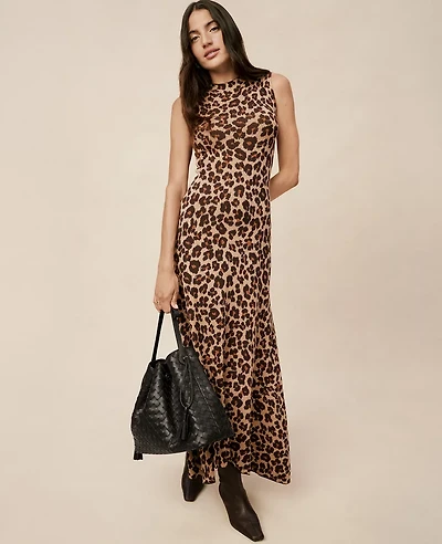 Ann Taylor Petite Animal Print Mock Neck Midi Dress Almond Croissant Women's
