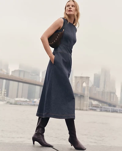 Ann Taylor Petite Weekend Collection Crew Neck Flare Midi Dress Deep Indigo Women's
