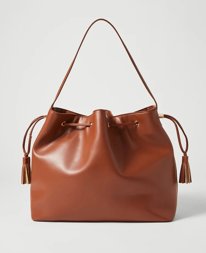 Ann Taylor Weekend Collection Drawstring Bucket Bag Brown Toffee Women's