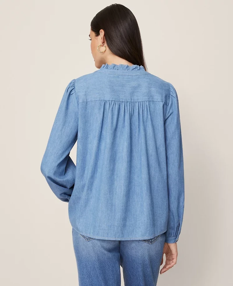 Ann Taylor Weekend Collection Chambray Ruffle Collar Popover Top Washed Seaside Indigo Women's