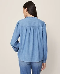 Ann Taylor Weekend Collection Chambray Ruffle Collar Popover Top Washed Seaside Indigo Women's