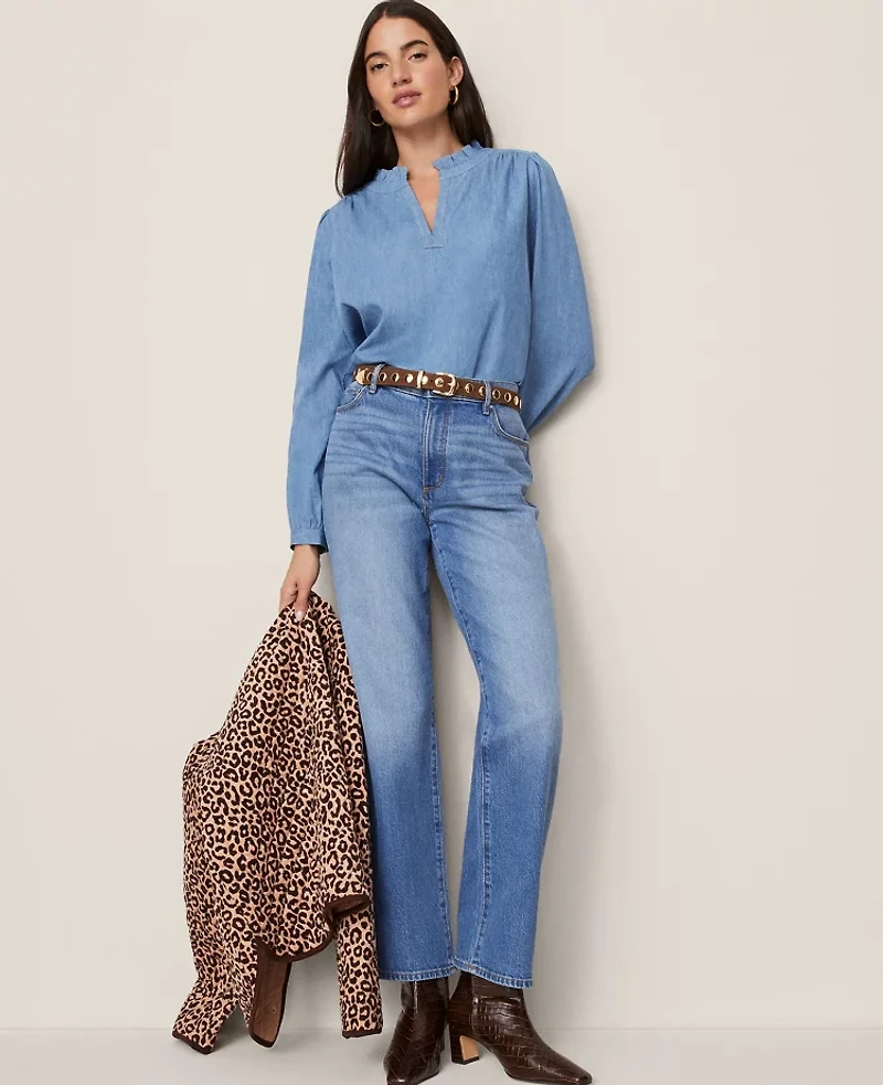 Ann Taylor Weekend Collection Chambray Ruffle Collar Popover Top Washed Seaside Indigo Women's