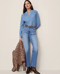 Ann Taylor Weekend Collection Chambray Ruffle Collar Popover Top Washed Seaside Indigo Women's