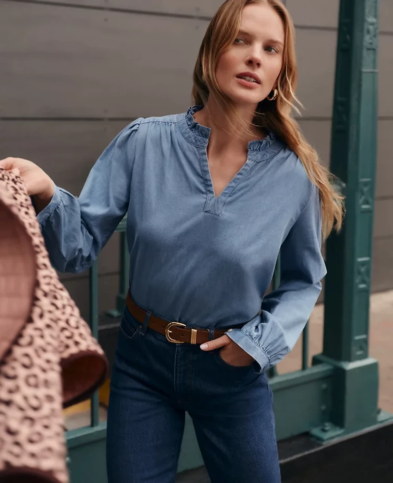 Ann Taylor Weekend Collection Chambray Ruffle Collar Popover Top Washed Seaside Indigo Women's