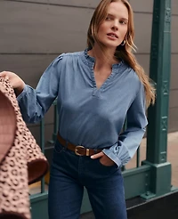 Ann Taylor Weekend Collection Chambray Ruffle Collar Popover Top Washed Seaside Indigo Women's