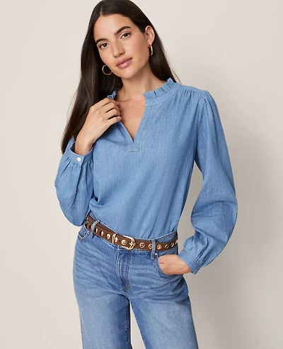 Ann Taylor Weekend Collection Chambray Ruffle Collar Popover Top Washed Seaside Indigo Women's