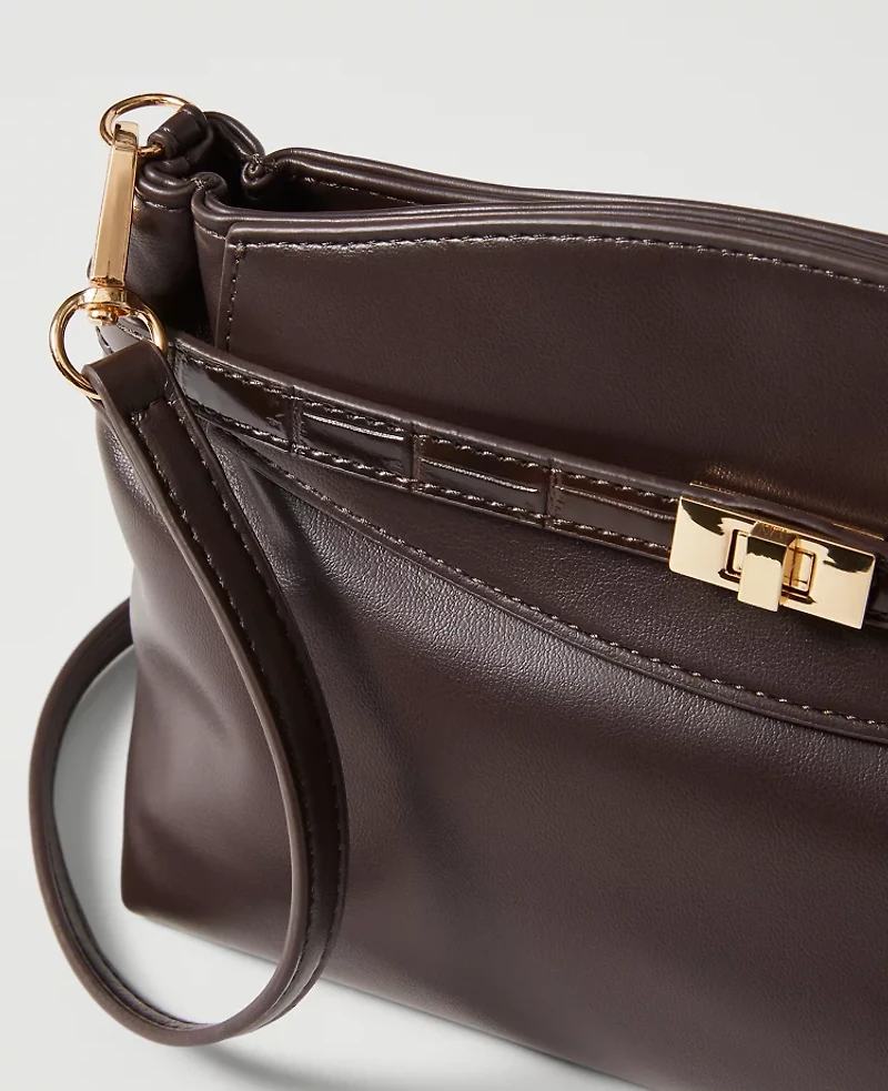 Ann Taylor Croco Small Belted Clutch Handbag Dark Chocolate Women's