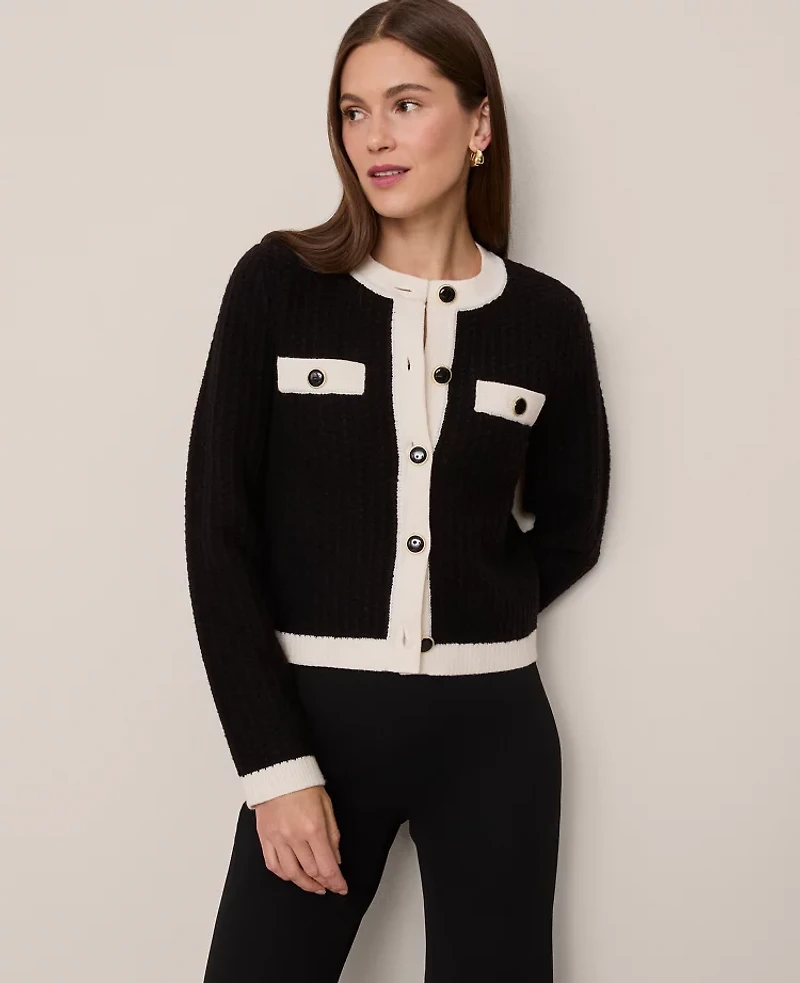 Ann Taylor Textured Sweater Jacket Black/White Combo Women's