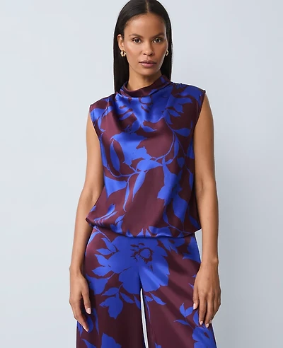 Ann Taylor Studio Collection Silk Floral Cowl Neck Shell Top Deep Cabernet Women's