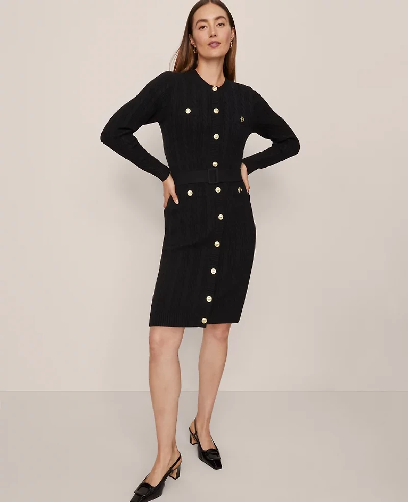 Ann Taylor Petite Belted Cable Sweater Dress Women's