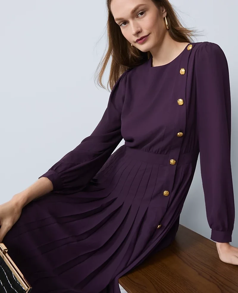 Ann Taylor Pleated Button Flare Midi Dress Aubergine Dream Women's