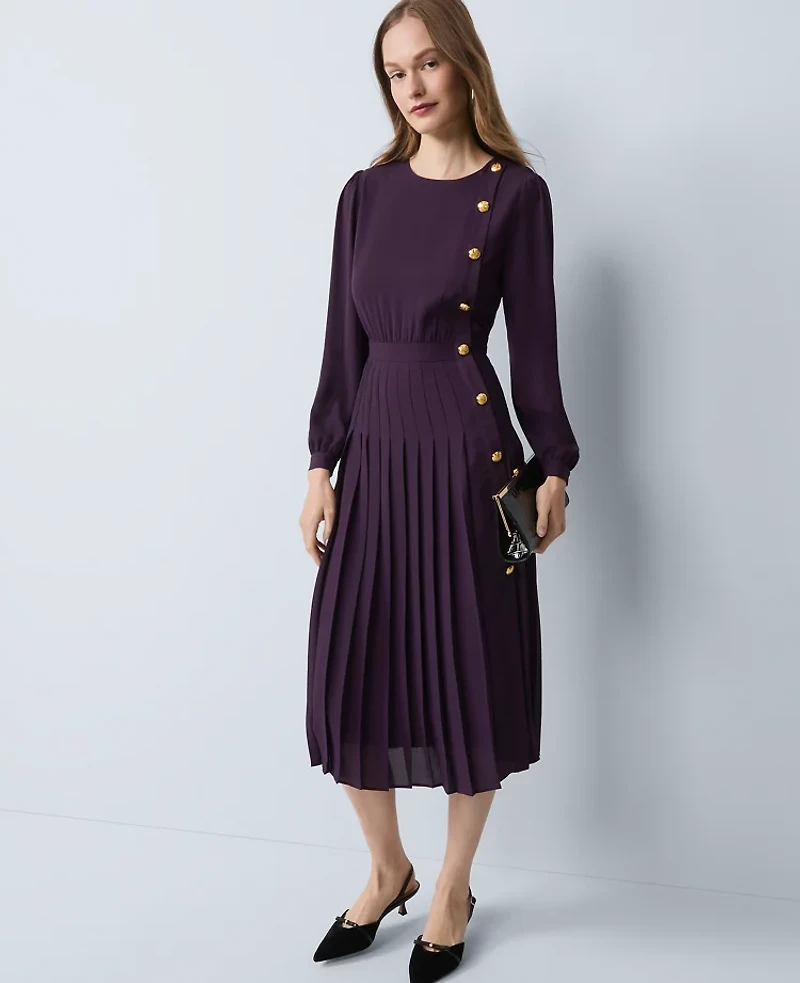 Ann Taylor Pleated Button Flare Midi Dress Aubergine Dream Women's