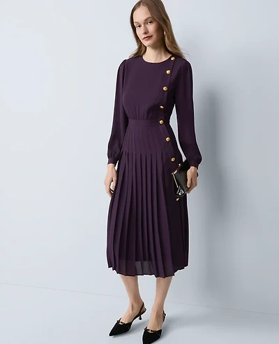 Ann Taylor Pleated Button Flare Midi Dress Aubergine Dream Women's