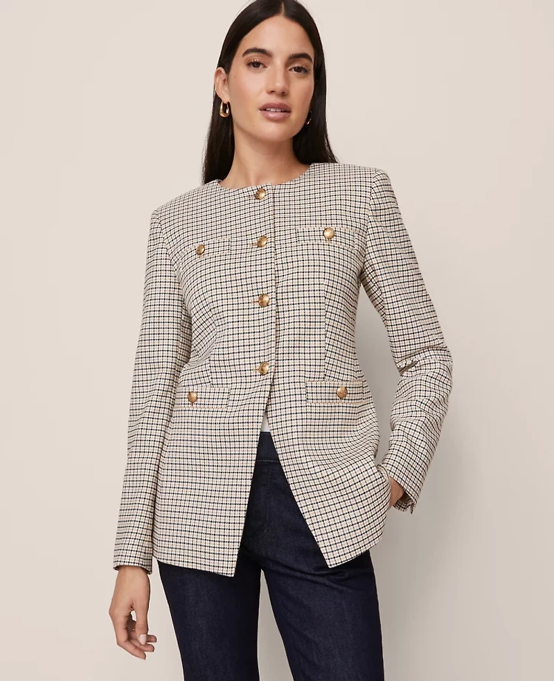 Ann Taylor Petite Houndstooth Split Hem Jacket Cafe Au Lait Women's