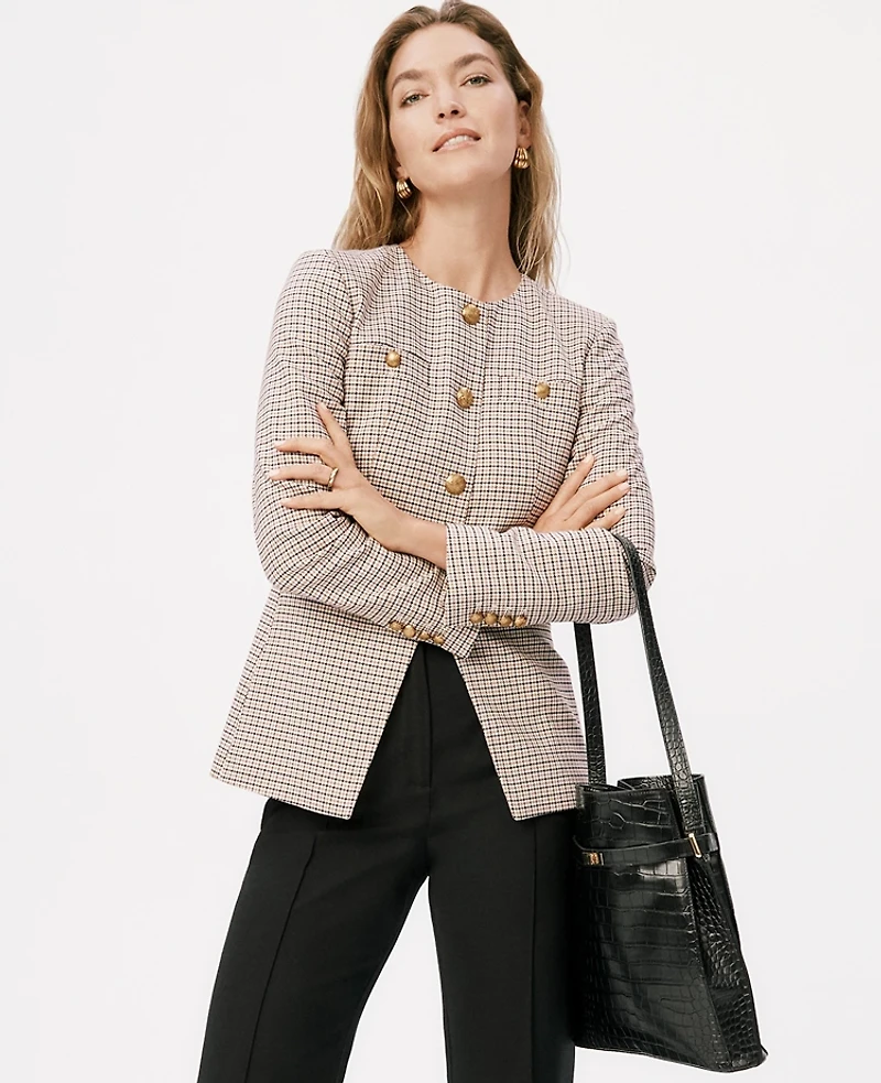 Ann Taylor Petite Houndstooth Split Hem Jacket Cafe Au Lait Women's