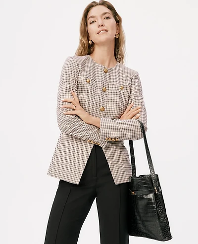 Ann Taylor Petite Houndstooth Split Hem Jacket Cafe Au Lait Women's