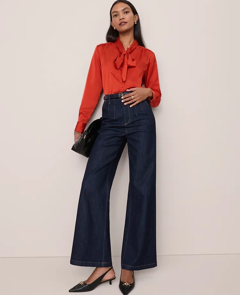 Ann Taylor Petite Satin Bow Blouse Women's