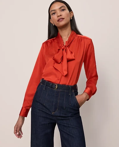 Ann Taylor Petite Satin Bow Blouse Women's