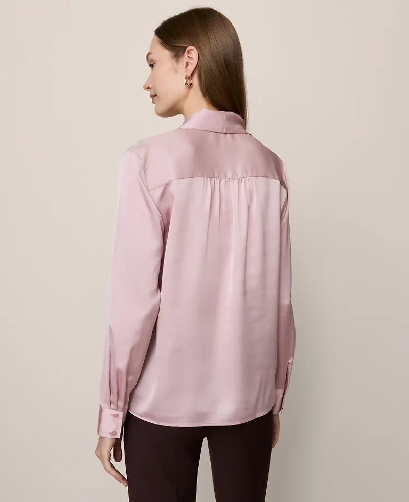Ann Taylor Petite Satin Bow Blouse Pale Mauve Women's