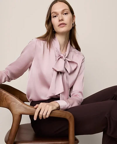 Ann Taylor Petite Satin Bow Blouse Pale Mauve Women's