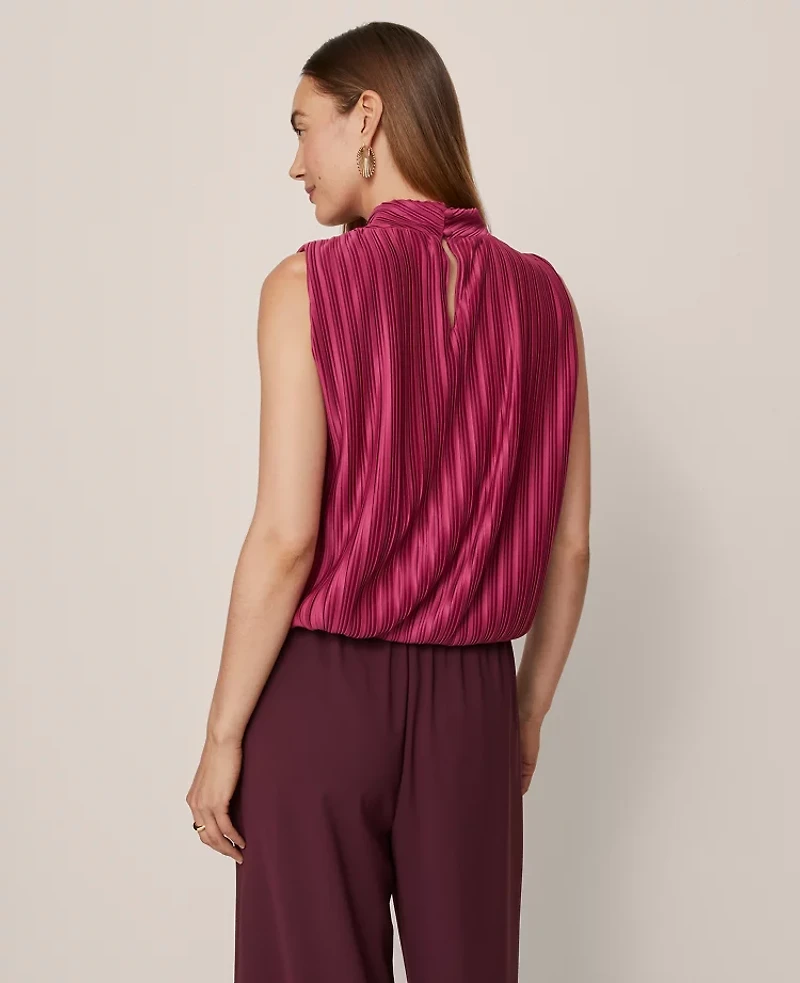 Ann Taylor Petite Mock Neck Pleated Bubble Hem Top Berry Splash Women's