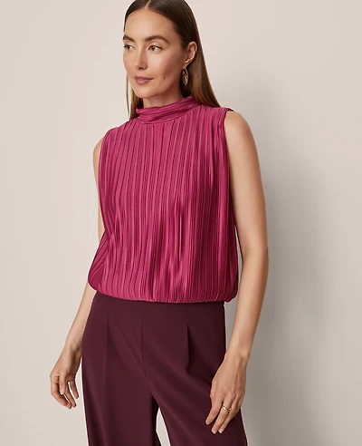 Ann Taylor Petite Mock Neck Pleated Bubble Hem Top Berry Splash Women's