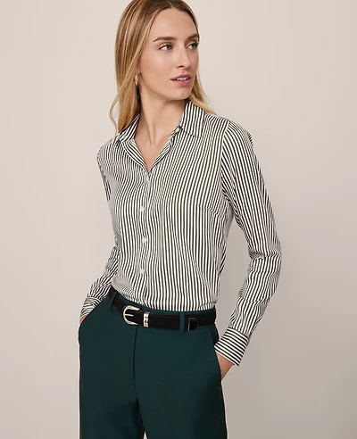 Ann Taylor Petite Striped Perfect Shirt Muted Moss Women's