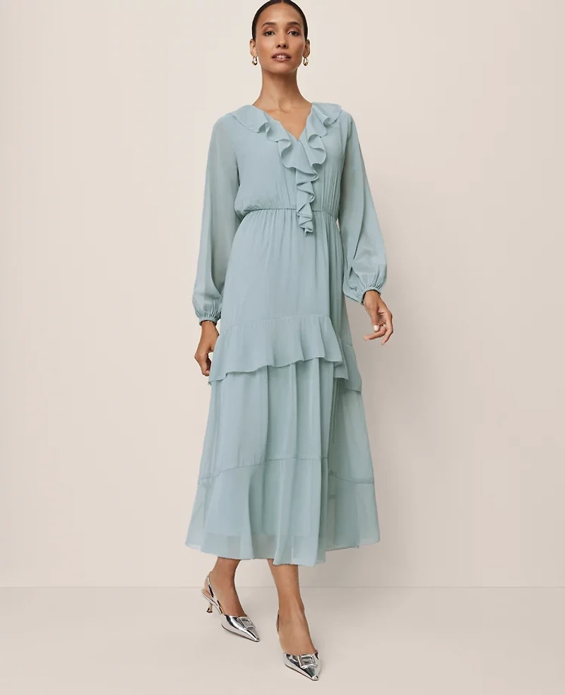 Ann Taylor Petite Tie Neck Ruffle Maxi Dress Lakeside View Women's