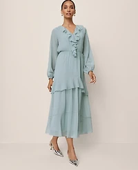 Ann Taylor Petite Tie Neck Ruffle Maxi Dress Lakeside View Women's