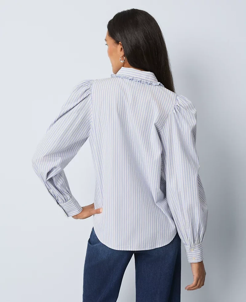 Ann Taylor Weekend Collection Striped Ruffle Collar Blouse Peaceful Periwinkle Women's
