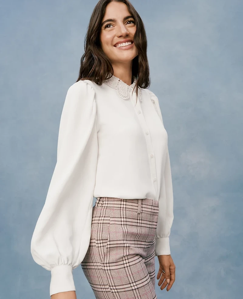 Ann Taylor Petite Lace Collar Blouson Sleeve Shirt Women's
