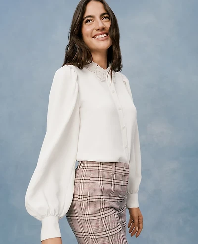 Ann Taylor Petite Lace Collar Blouson Sleeve Shirt Women's