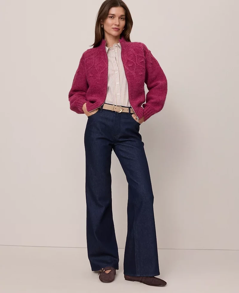 Ann Taylor Petite Weekend Collection Cable Knit Bomber Sweater Jacket Strawberry Shortcake Women's