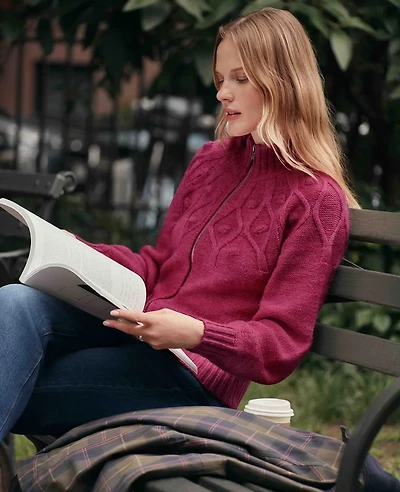 Ann Taylor Petite Weekend Collection Cable Knit Bomber Sweater Jacket Strawberry Shortcake Women's