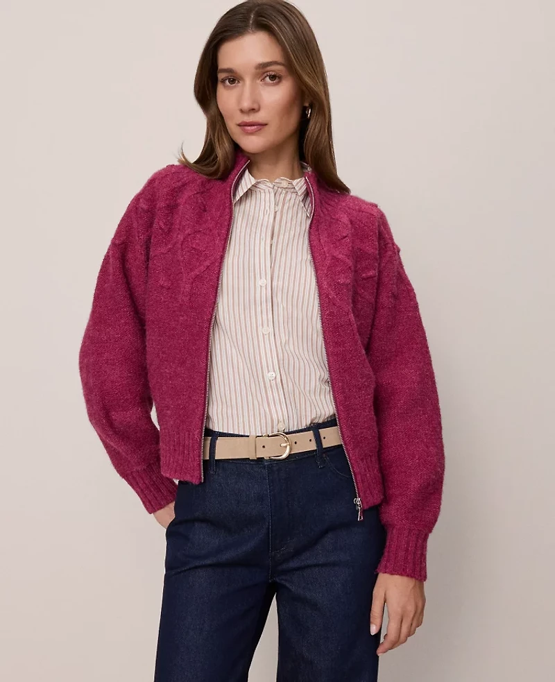 Ann Taylor Petite Weekend Collection Cable Knit Bomber Sweater Jacket Strawberry Shortcake Women's