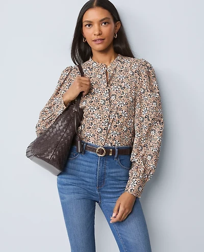 Ann Taylor Weekend Collection Floral Button Down Shirt Flower Pot Women's